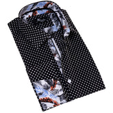 White Black Polka Dot inside Tropical Mens Slim Fit Designer French Cuff Shirt - tailored Cotton Shirts for Work and Casual Wear
